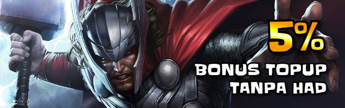 Thor bagi Bonus Topup 5% Tanpa Had kepada pemain setiap kali menambah nilai